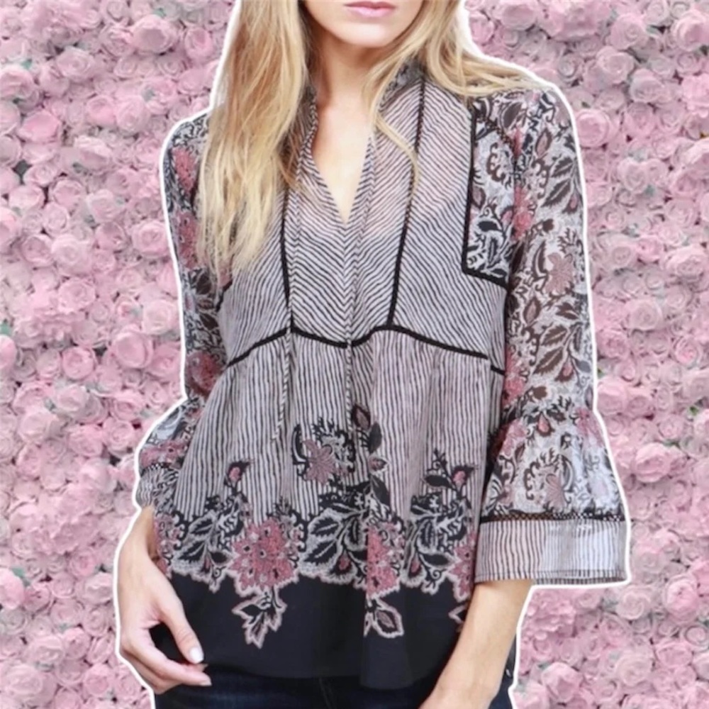 NWT Lucky Brand Blouse Mixed Print Blouse Boho 3/4th Bell Sleeve Floral Striped